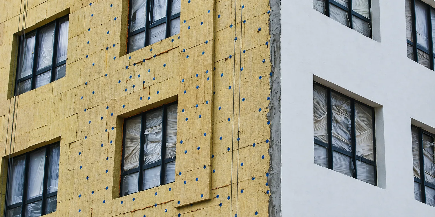 Insulation being installed on a building facade